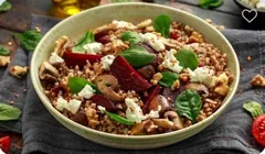 A bowl of buckwheat with beetroot, the kind of lunch that leaves room for protein at dinner