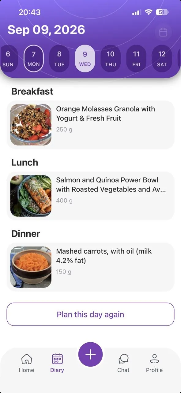 EatBeat weekly plan screen with breakfast, lunch and dinner for each day